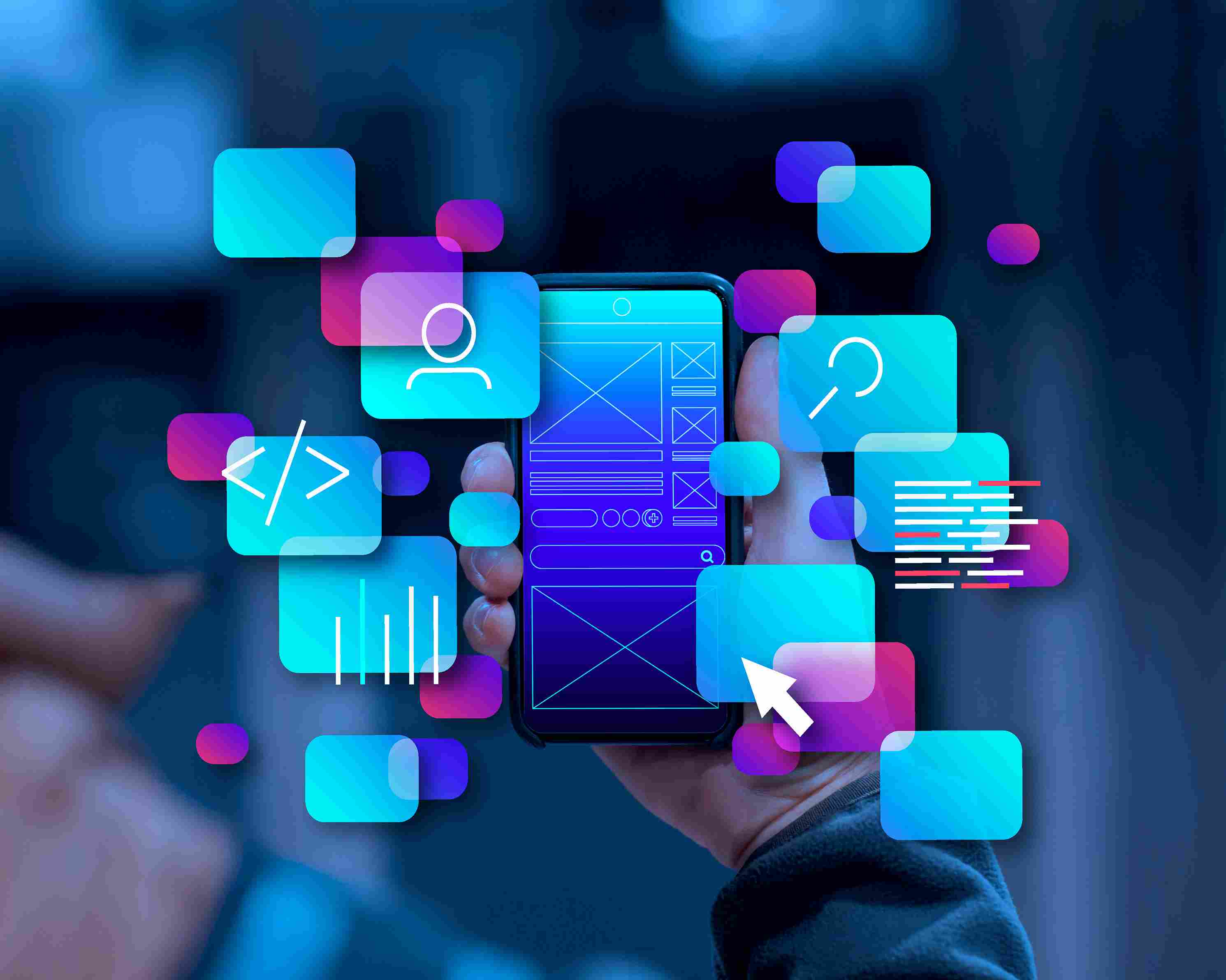 Mobile app development interface with UI UX elements and coding icons for app development
company in Dehradun