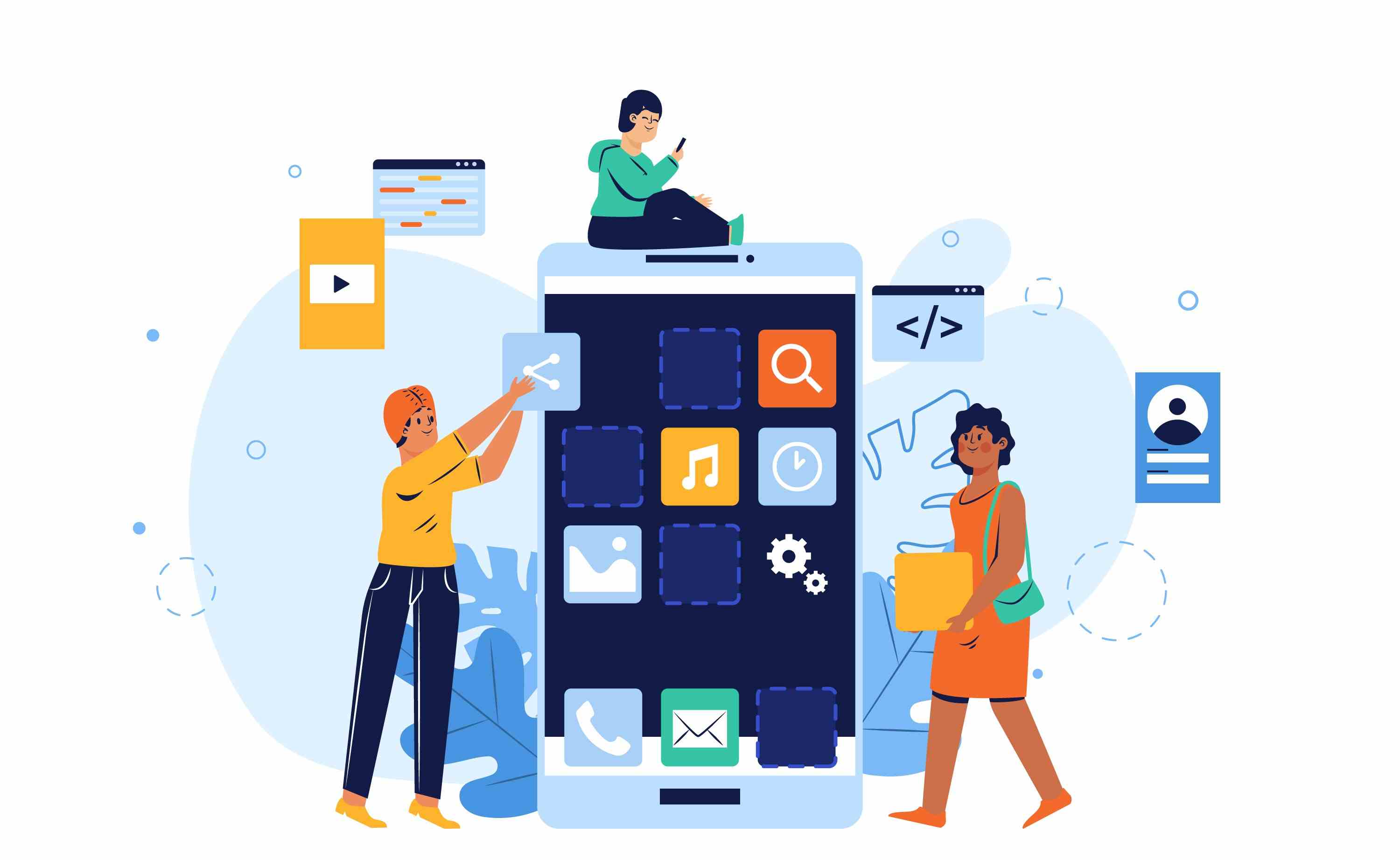 Creative illustration of a team building a mobile interface representing professional app
development services
