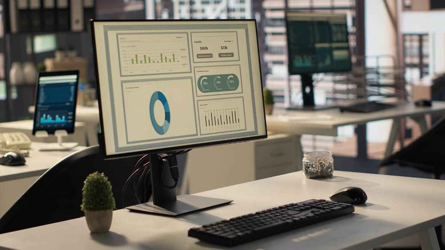 Commercial real estate management software dashboard on office computer screen with financial
analytics