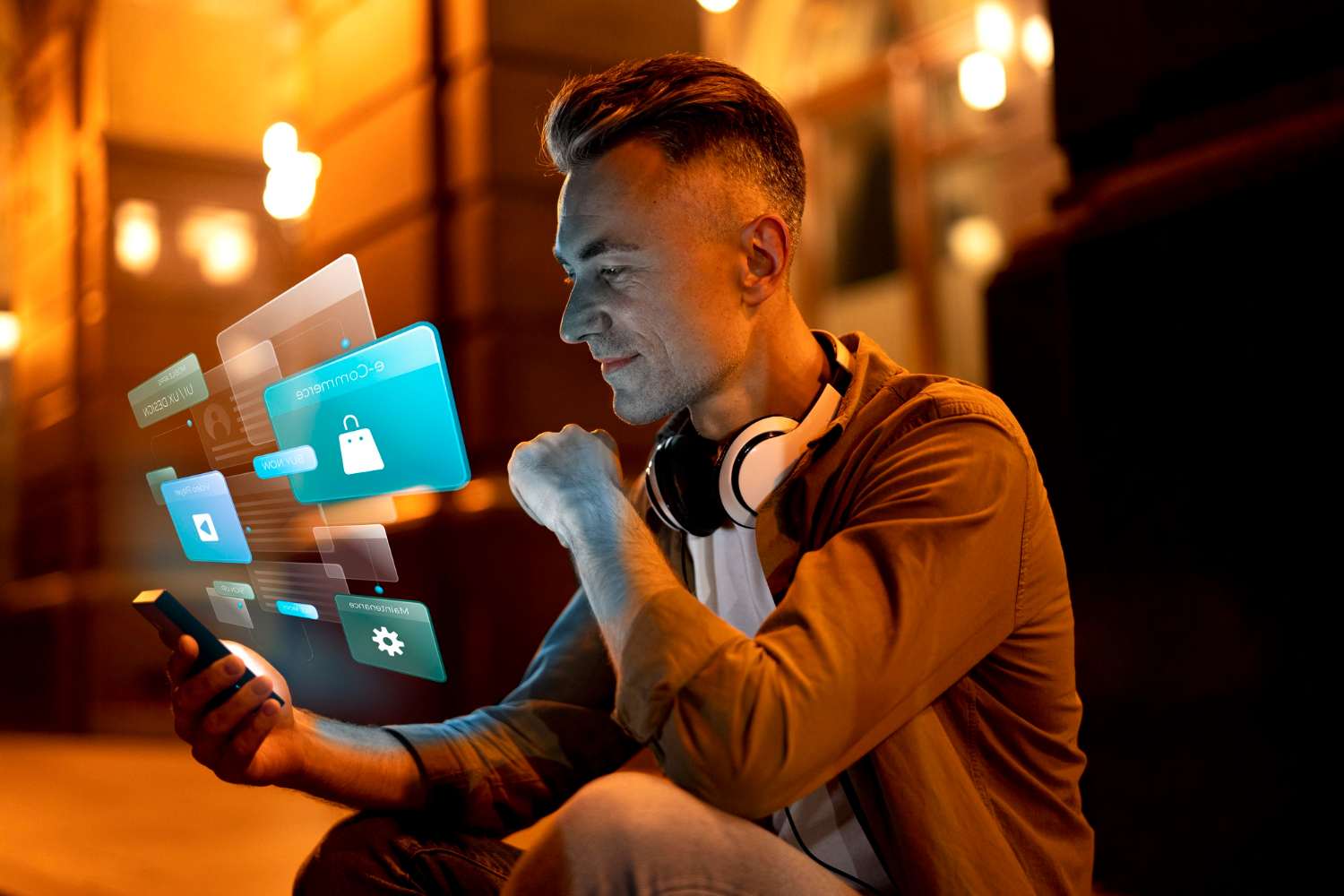 Man using mobile with virtual interface for credit cooperative software features at night