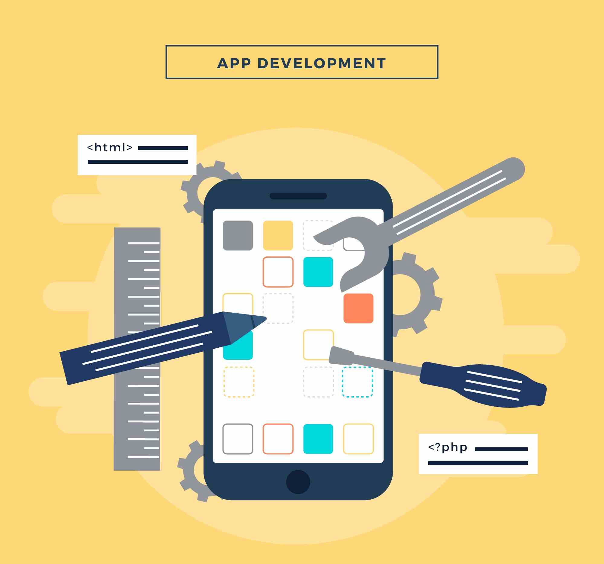 Illustration showing tools and design elements used by a custom mobile app development company