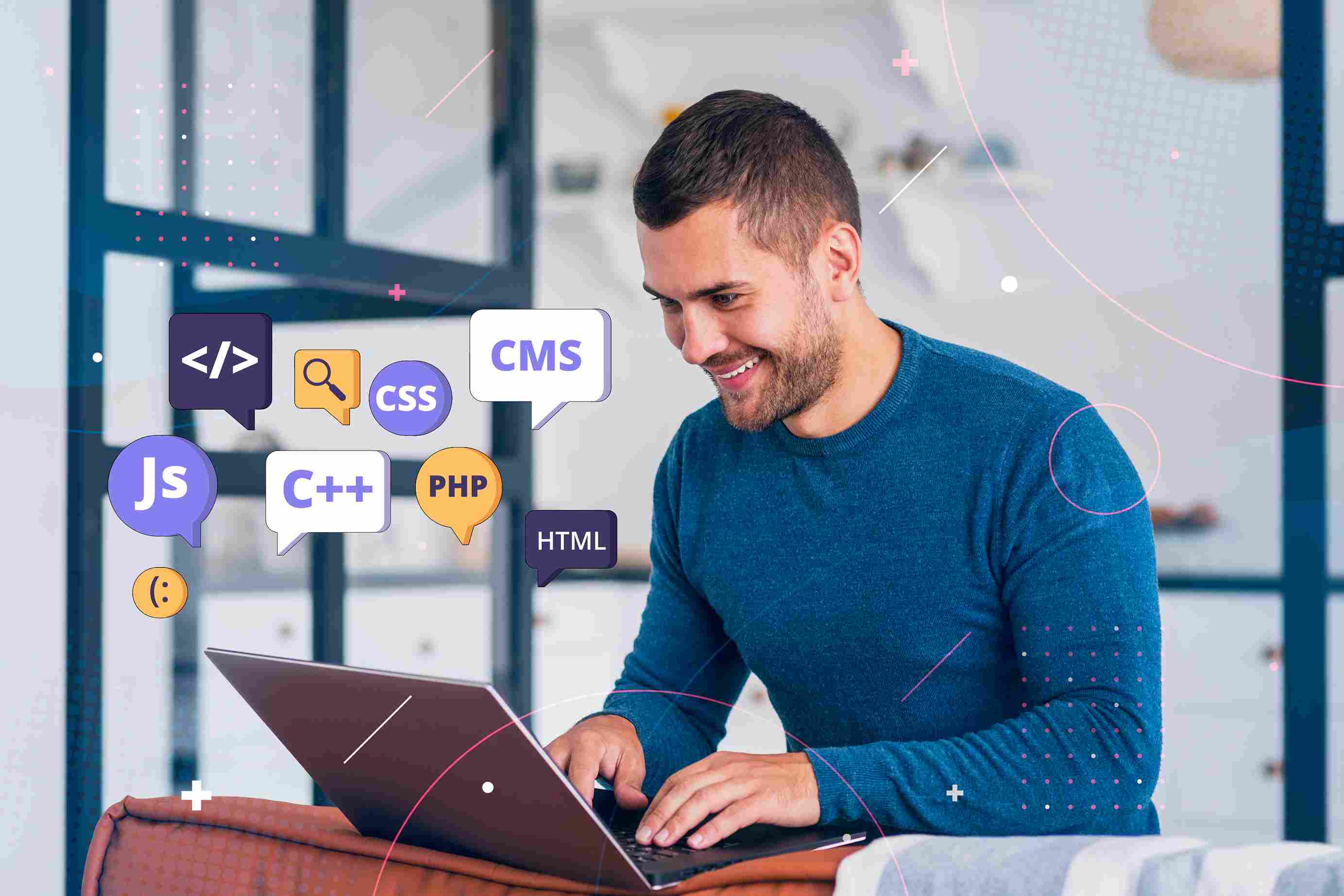 Developer coding with various technologies for custom web application development services on a
laptop