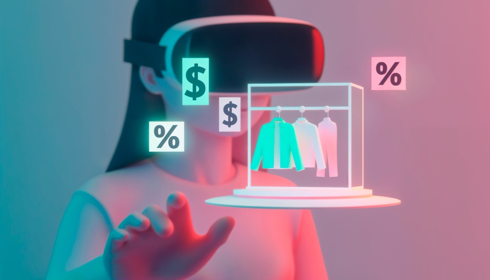 e-commerce development company showcasing virtual reality shopping with digital clothing and
price icons