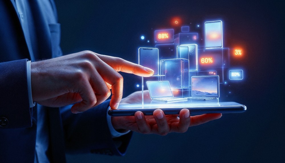 e-commerce development with futuristic digital interface showing multi-device shopping analytics
and interaction