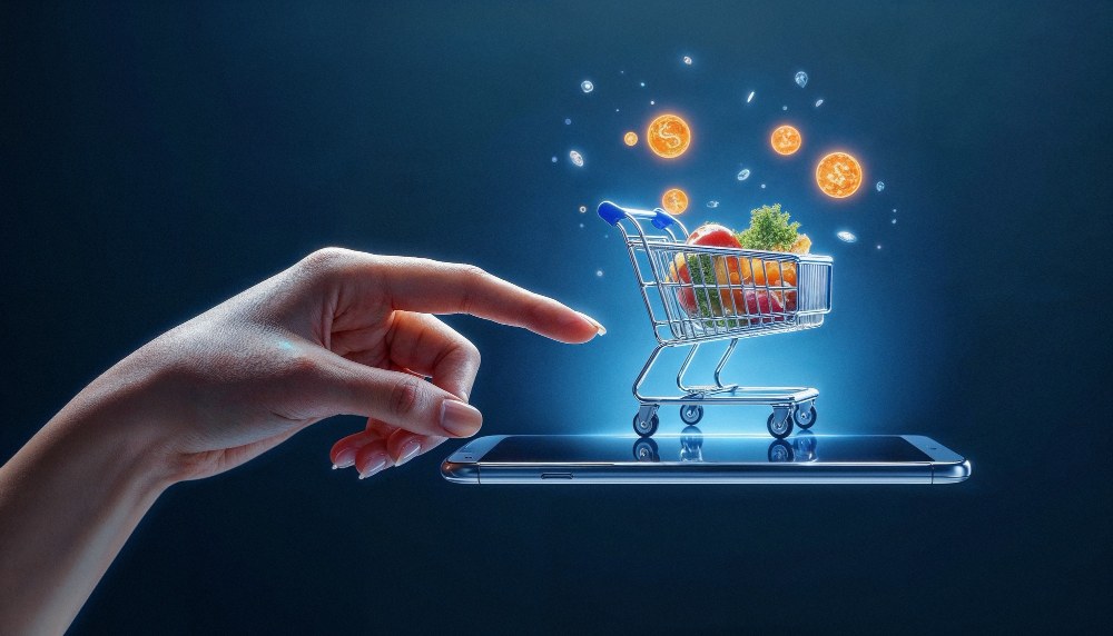 e-commerce web development services with digital shopping cart, groceries, and smartphone
interface
