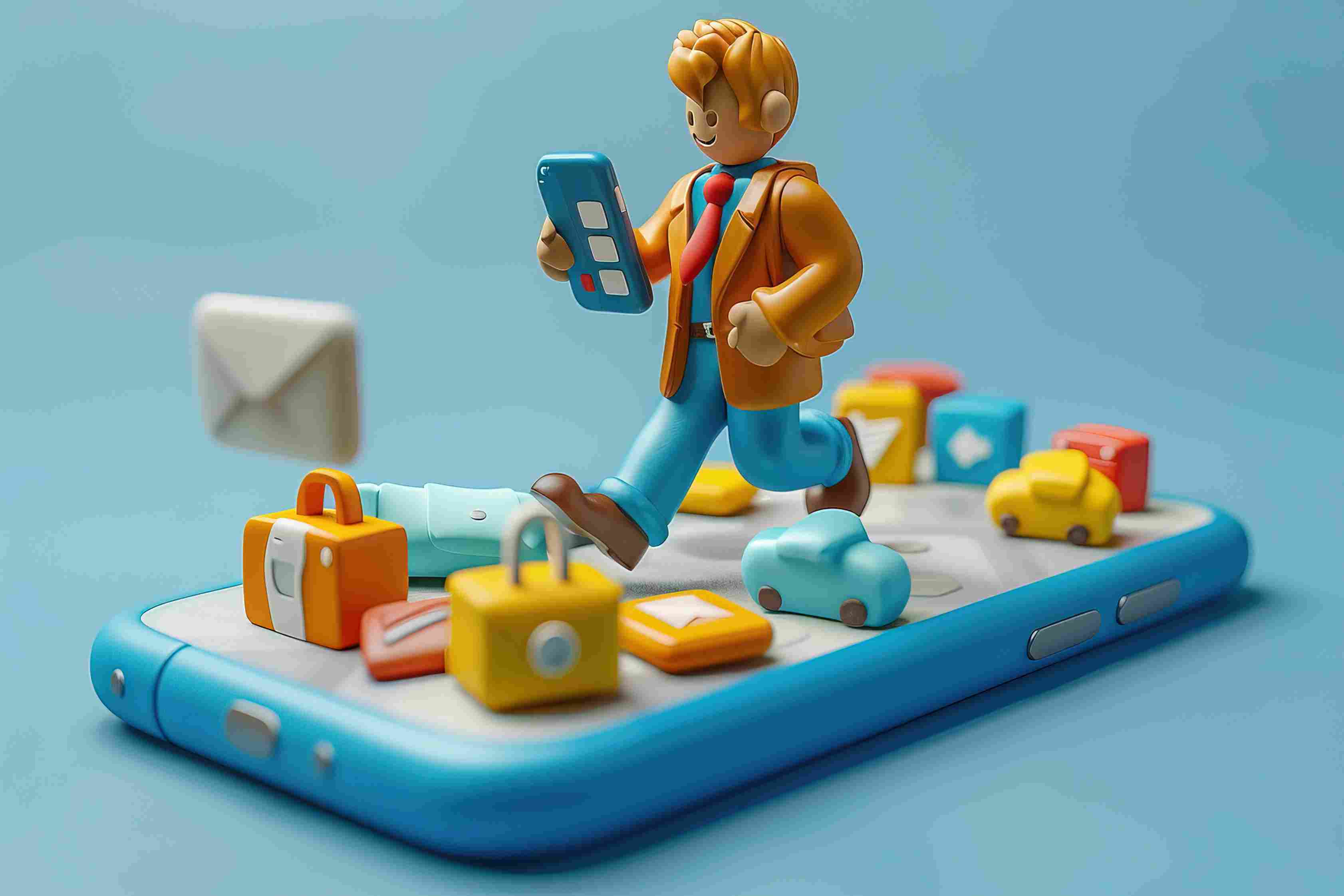 e-commerce website development company concept with 3D man using smartphone and digital
shopping icons