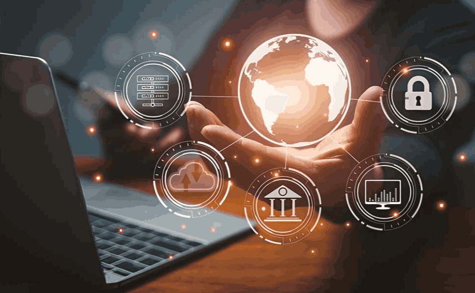 Loan management system concept with digital icons for banking, cloud, analytics, and security near a
laptop