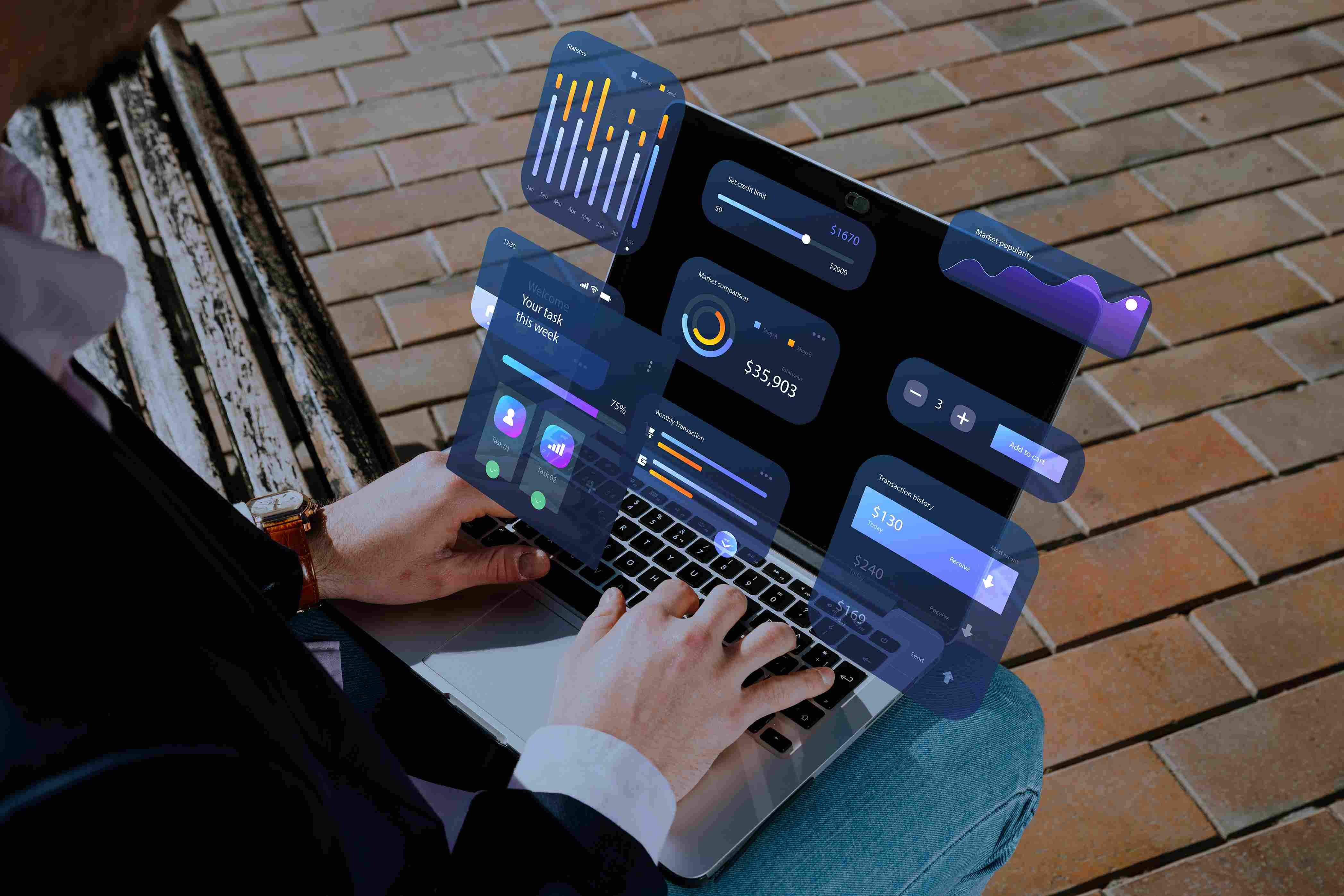 Person using micro finance software on a laptop with digital dashboard and financial analytics
interface