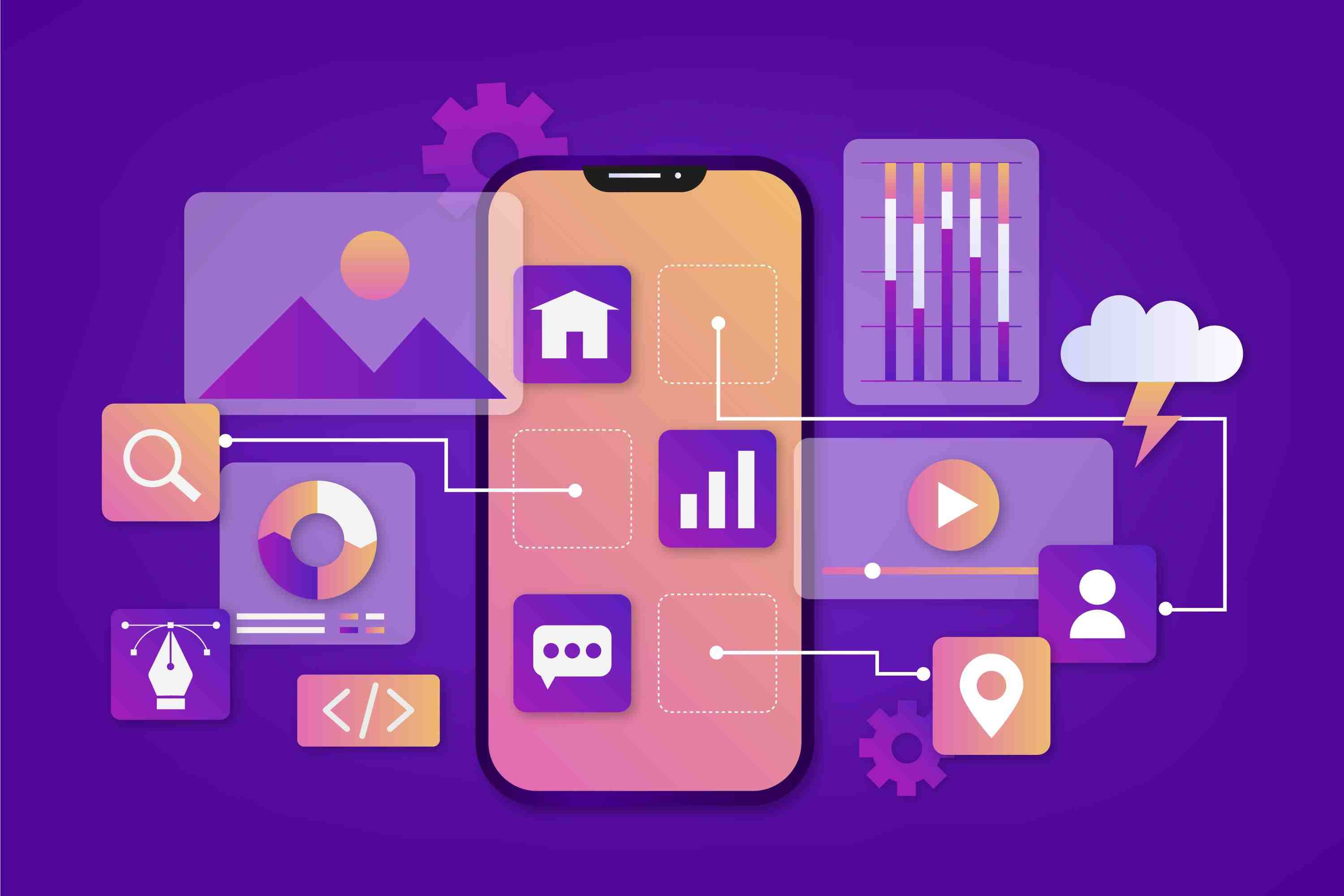 Visual representation of mobile application development services with UI design icons and
smartphone interface