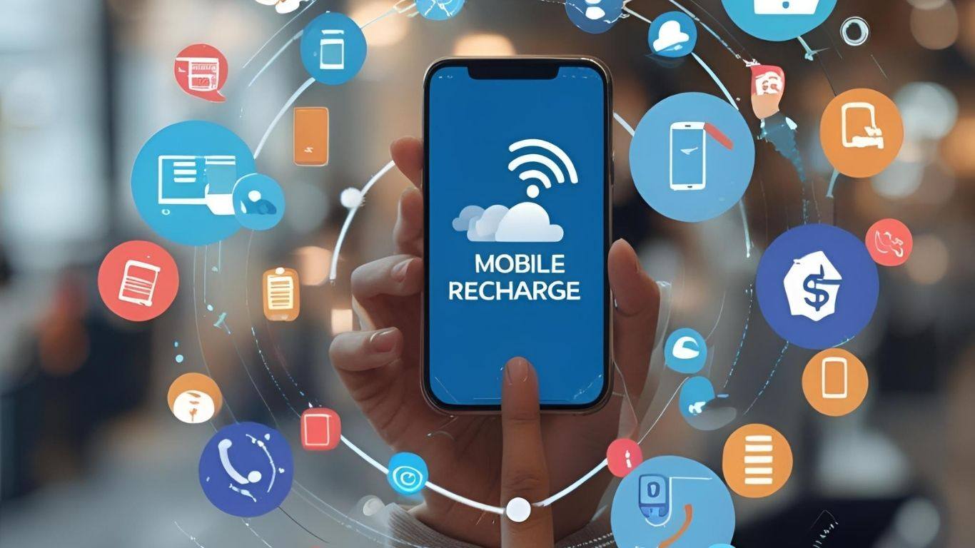 Mobile recharge software interface on smartphone with digital icons for recharges, payments, and
services