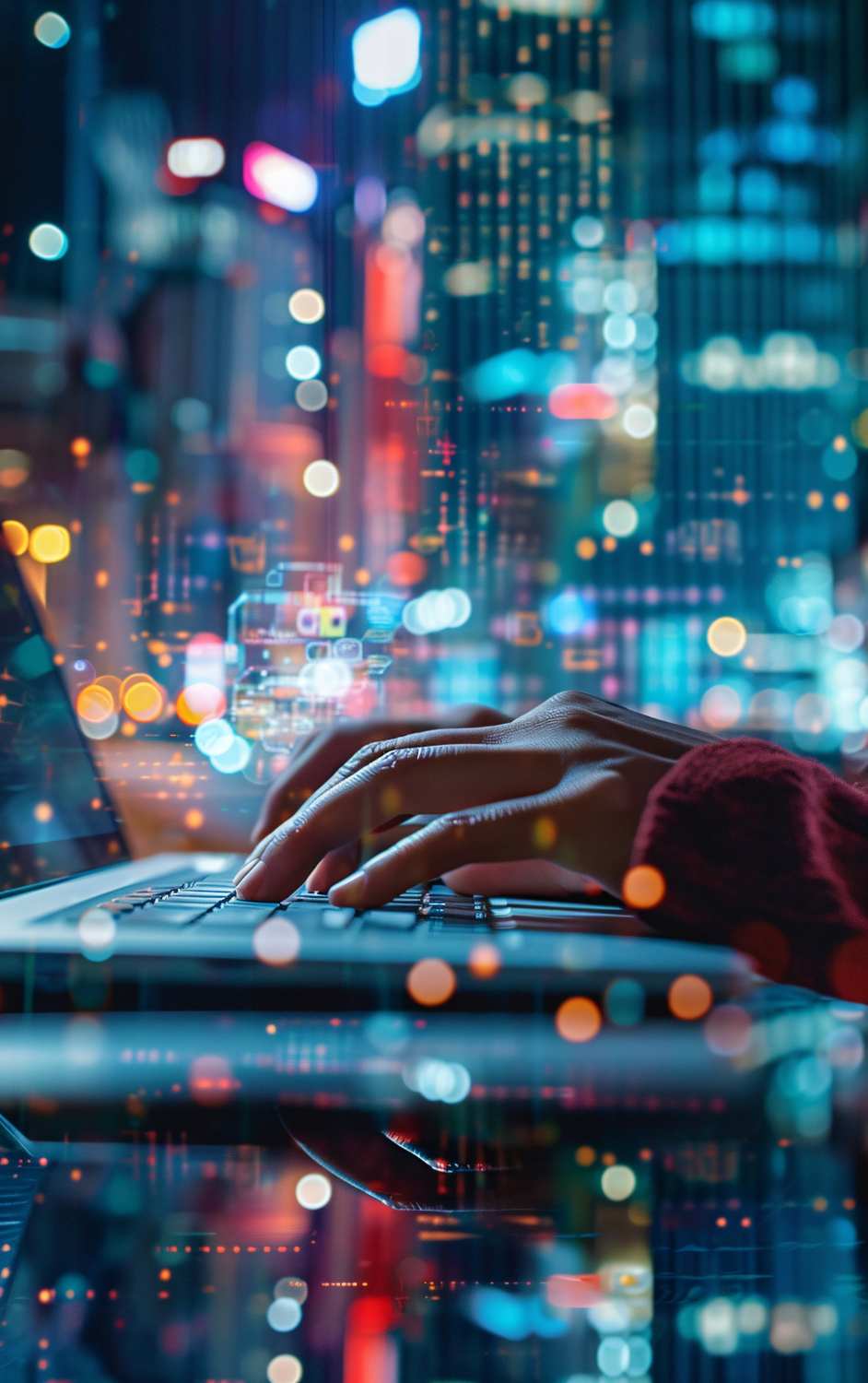 Hands typing on laptop with futuristic city overlay, representing digital nidhi management software
interface