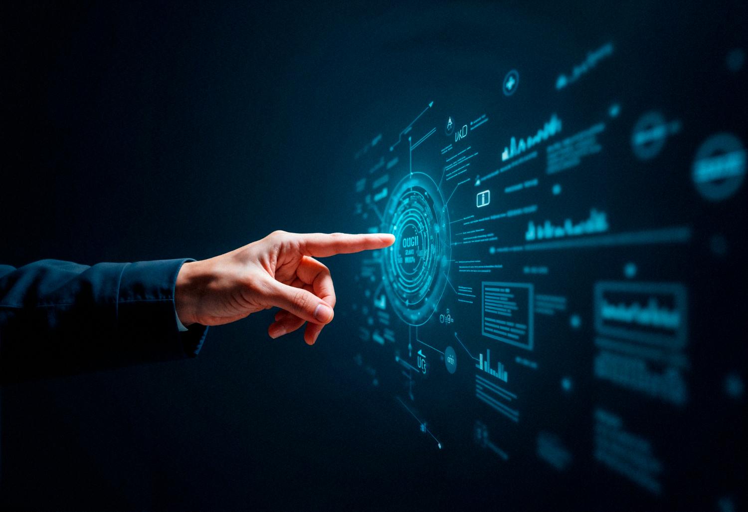 Hand interacting with futuristic digital dashboard for nidhi software interface and data management