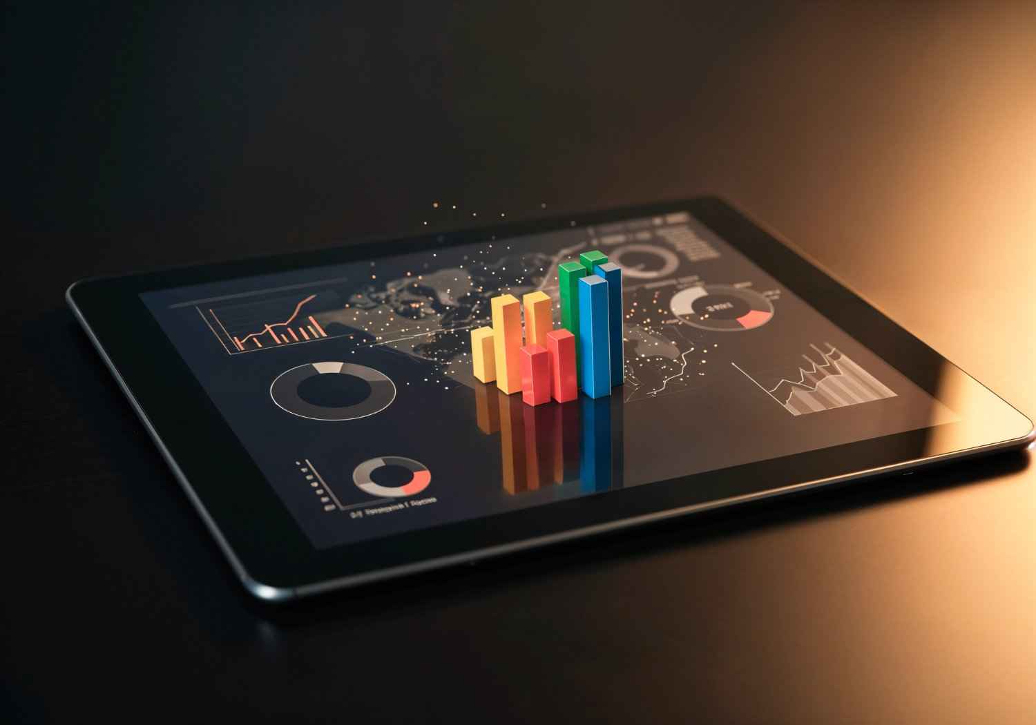 property-automation-software analytics dashboard on tablet with 3D bar graph and data
visualizations