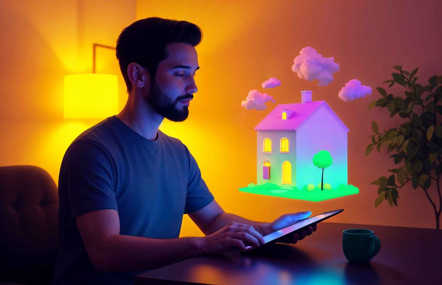 real-estate-crm-india user browsing 3D virtual house model on tablet in warm-lit room