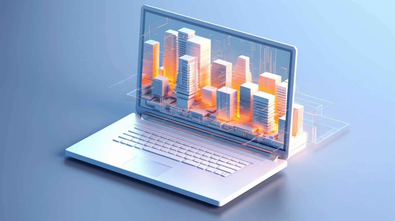 real-estate-crm digital dashboard with 3D smart city buildings emerging from laptop screen in
futuristic concept