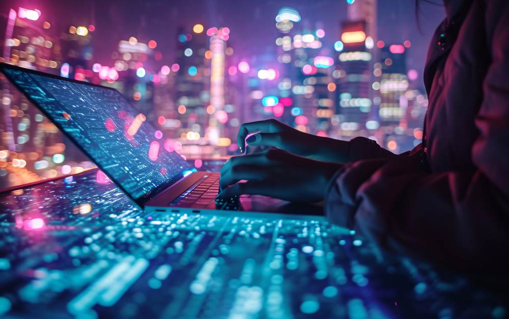 Developer at work in a tech cityscape, representing a leading software company in Dehradun