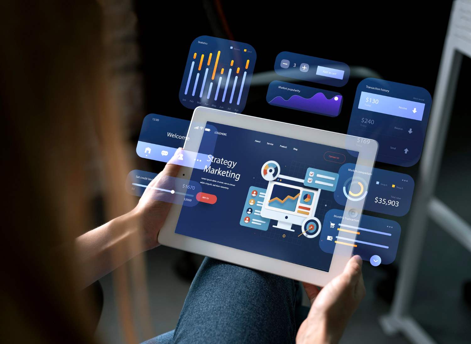 Woman using tablet with dashboard of top credit cooperative society software and analytics
interface 