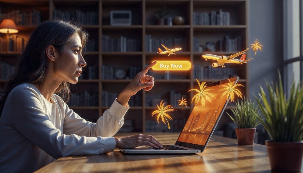 Woman booking vacation online using travel agency CRM software with digital interface of flights
and destinations