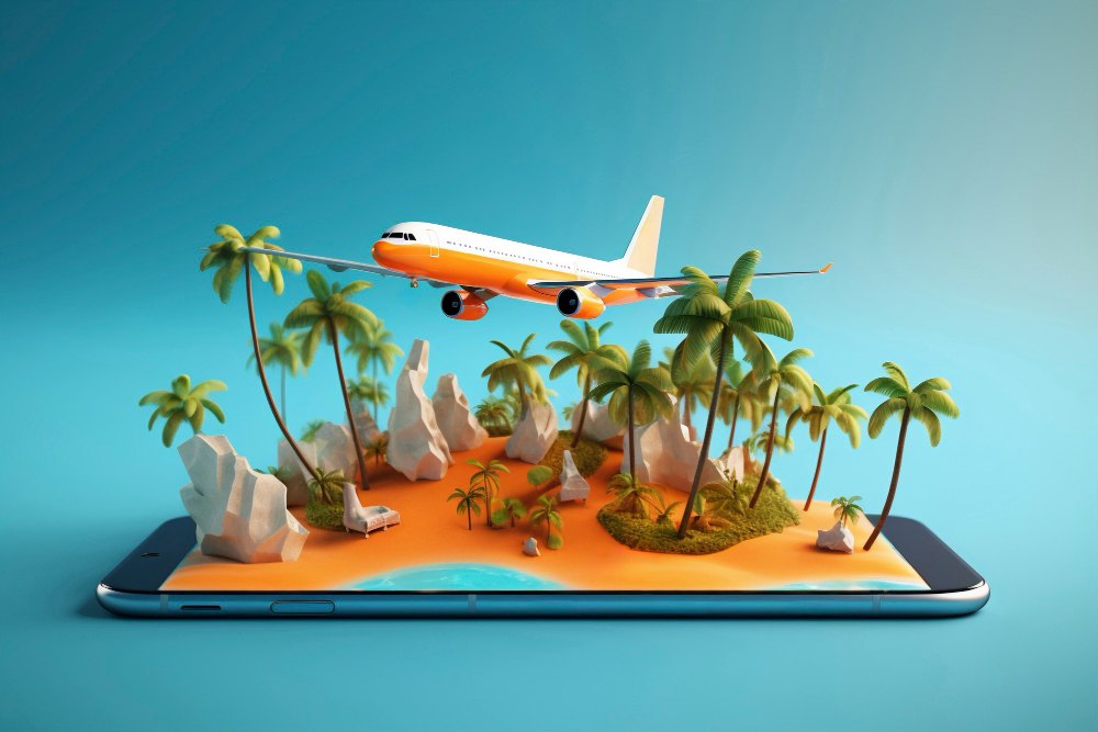 3D island scene with airplane emerging from phone screen, representing travel booking
management software experience
